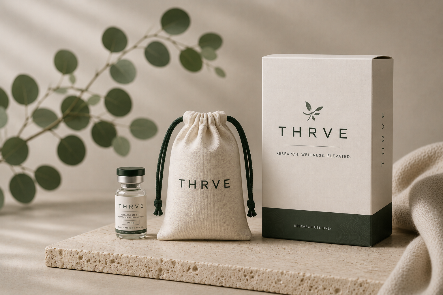 THRVE premium packaging with cotton drawstring bag, research vial, and branded box