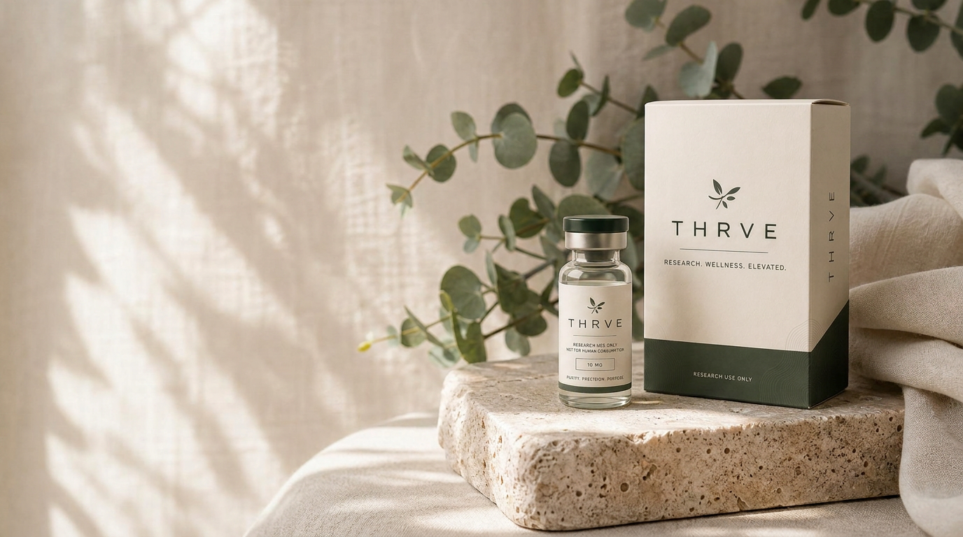 A THRVE research vial on warm ivory linen with olive branch
