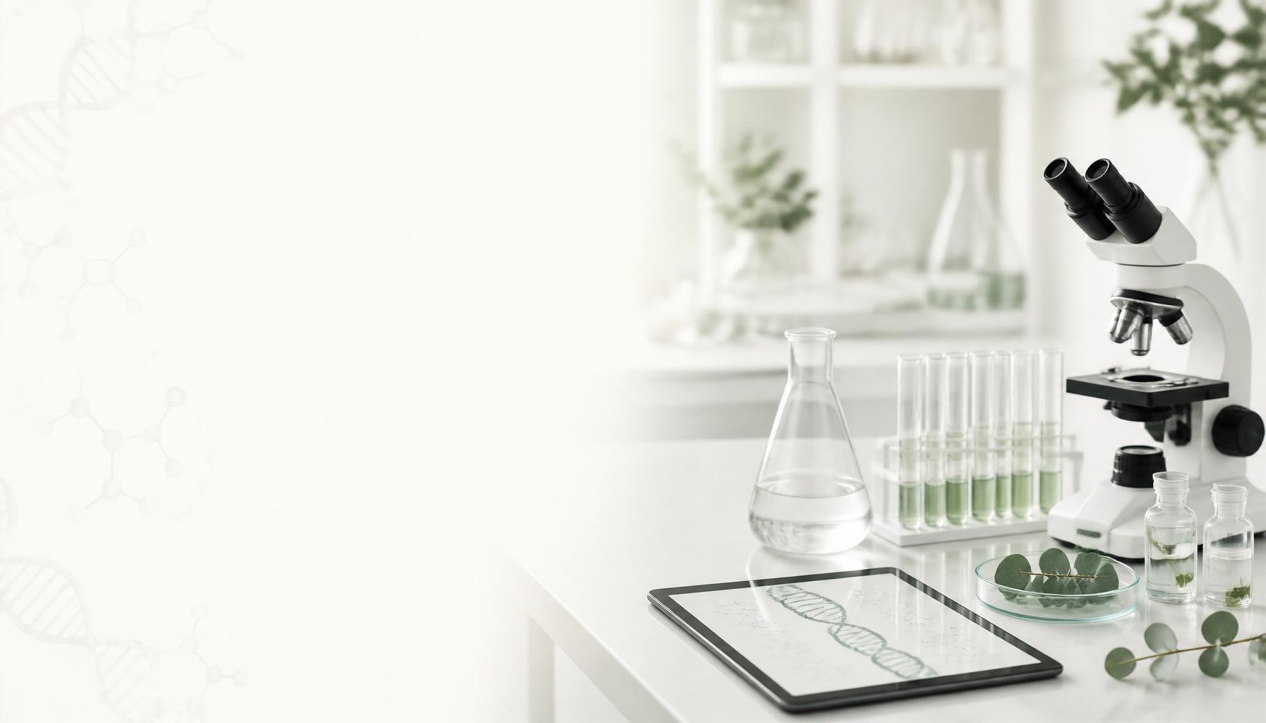THRVE Knowledge scientific research scene with DNA helix, molecular structures, glass laboratory flasks, and test tubes on warm ivory