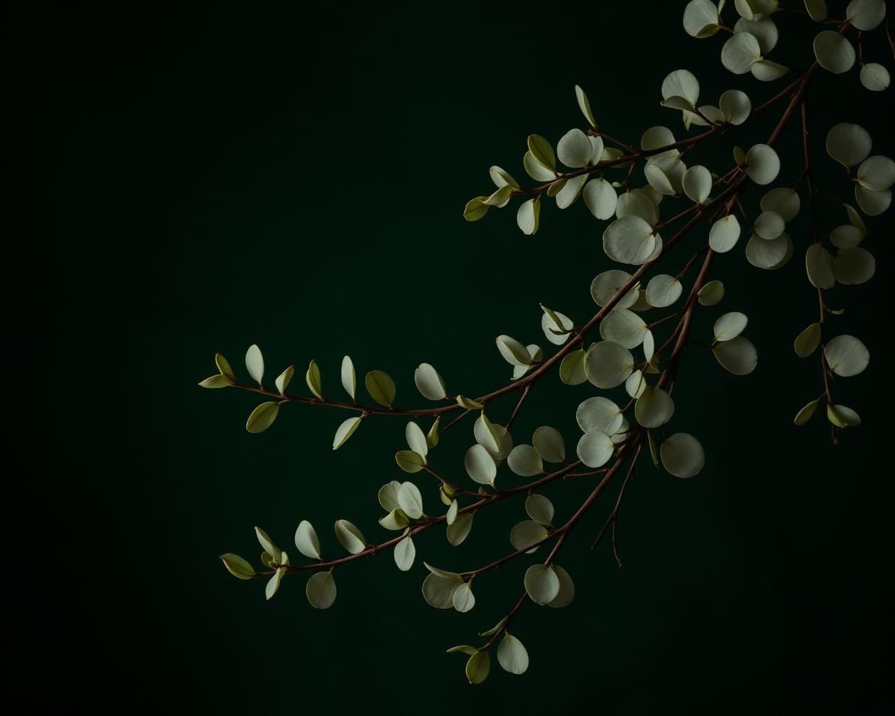 Eucalyptus branches against deep forest green